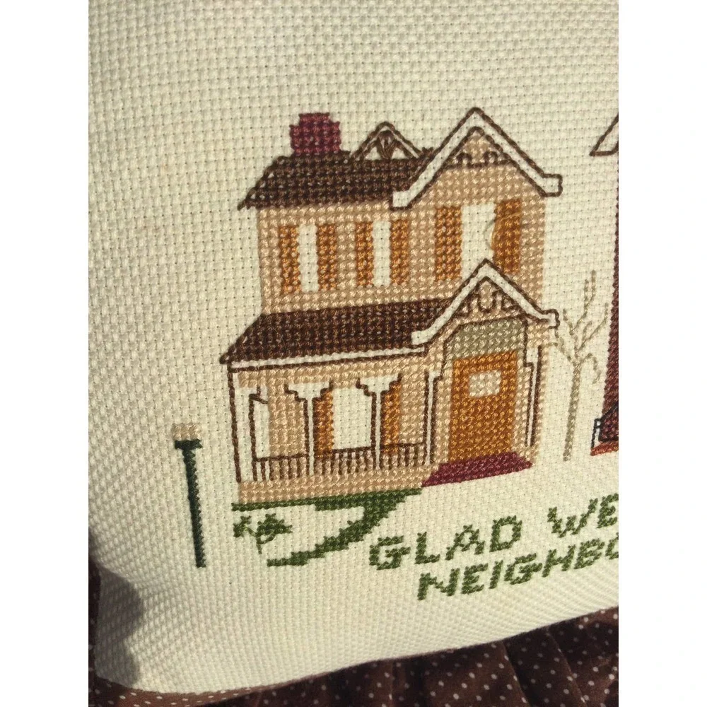 Vintage cross stitch pillow embroidery cross-stitch brown ditsy floral neighbors